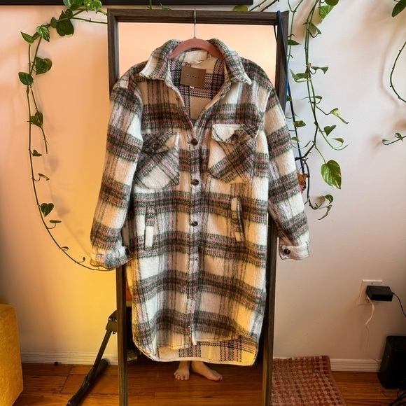BLANK NYC I Feel You Long Plaid Shacket XS/Small Pink White Green - Picture 3 of 5